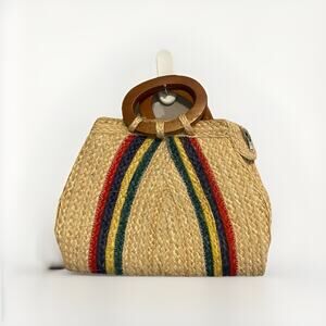 STRIPED STRAW WOVEN‎ SATCHEL TOTE HANDMADE HANDBAG MULTICOLOR Handmade